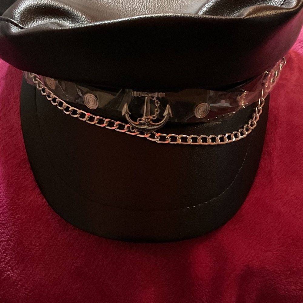 Black Leather Cap with Chain Detail